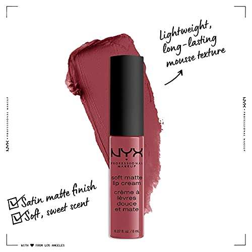 NYX Soft Matte Lip Cream in dusty rose, shown with matching swatch, black cap and clear tube with doe-foot applicator.