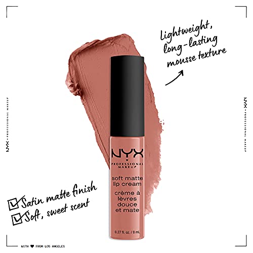 NYX Soft Matte Lip Cream in dusty rose with a black cap, creamy swatch and soft matte finish