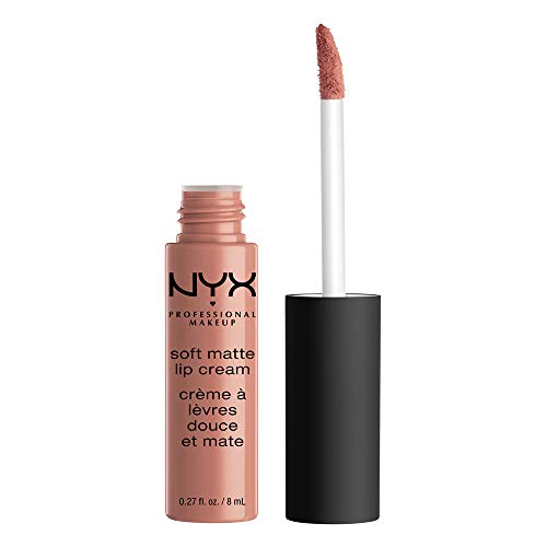 NYX Soft Matte Lip Cream in dusty rose nude, shown as a slim tube with a black cap and doe-foot applicator