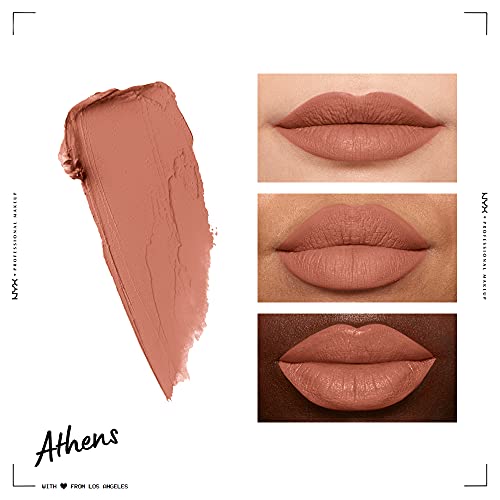 NYX Soft Matte Lip Cream swatch in warm dusty rose nude with a creamy matte finish, shown on lips across skin tones