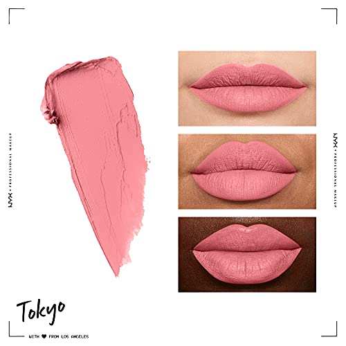 NYX Soft Matte Lip Cream in dusty rose-pink, shown as a creamy matte swatch and on lips across skin tones