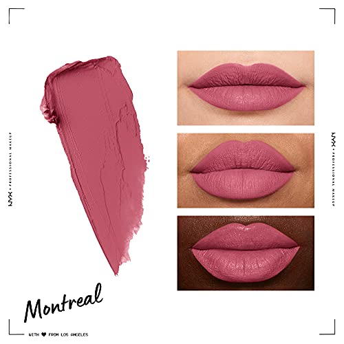 NYX Soft Matte Lip Cream shown as a dusty rose matte swatch beside three lip looks, with Montreal text