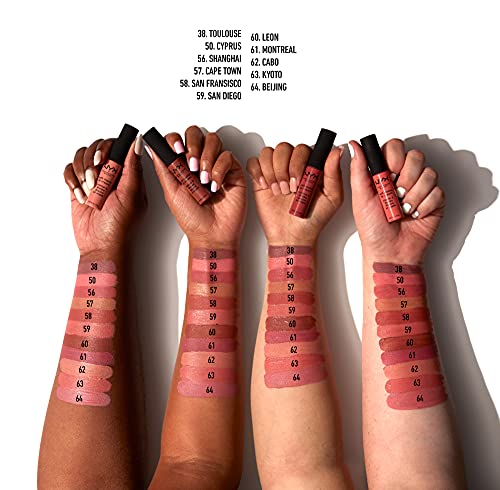 NYX Soft Matte Lip Cream swatches show assorted rosy, nude and coral matte shades on arms beside lip cream tubes.