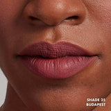 NYX Soft Matte Lip Cream in muted mauve rose, shown on lips with a smooth matte finish in shade 25 Budapest.