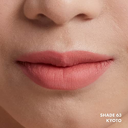 NYX Soft Matte Lip Cream shown on lips in a soft muted rose shade with a smooth matte finish, labeled Shade 63 Kyoto.