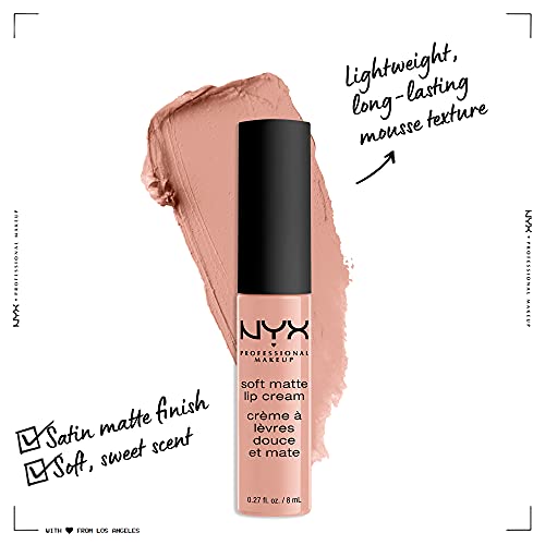 NYX Soft Matte Lip Cream in muted rose nude, shown in a black-capped tube with a matching creamy swatch