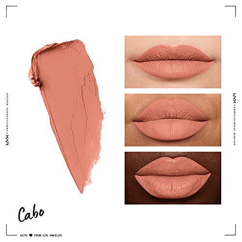 NYX Soft Matte Lip Cream in a muted peachy rose shade, shown as a creamy swatch and matte lip color on three skin tones