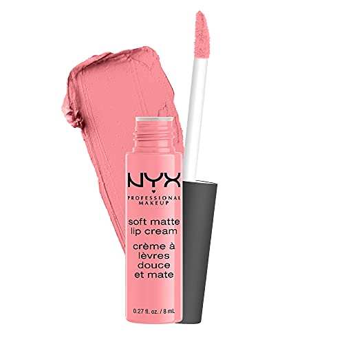 NYX Soft Matte Lip Cream in pink with creamy matte color, shown with its matching precision doe-foot applicator