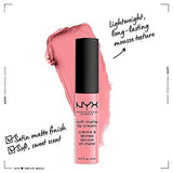NYX Soft Matte Lip Cream in a pink tube with a black cap, shown with a matching pink swatch and matte finish notes