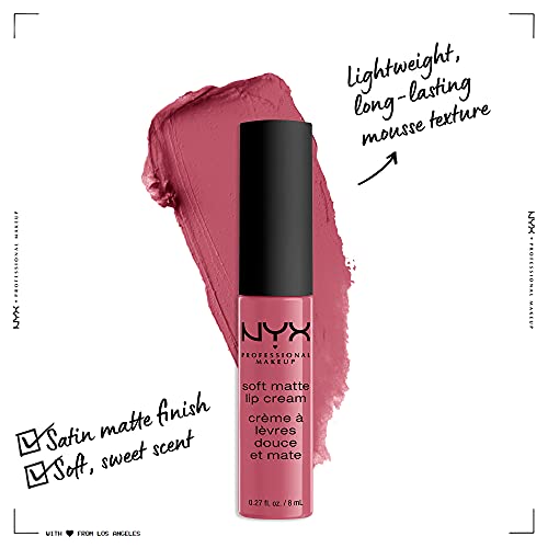 NYX Soft Matte Lip Cream in a pink tube with black cap, alongside a rosy mauve swatch and satin matte finish notes