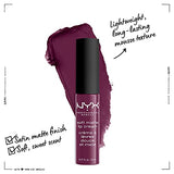 NYX Soft Matte Lip Cream in a plum shade with a black cap, shown over a matching swatch with satin matte finish notes