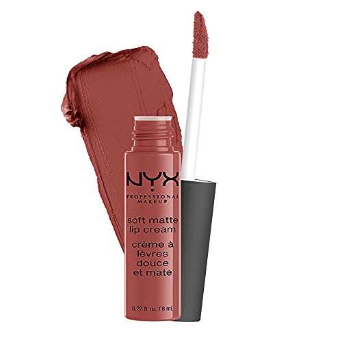 NYX Soft Matte Lip Cream in a muted rose-brown shade, with a creamy matte swatch and doe-foot applicator
