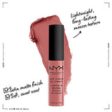 NYX Soft Matte Lip Cream in muted rosy mauve with a black cap, pink tube and creamy swatch