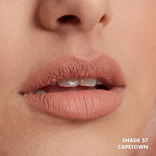 NYX Soft Matte Lip Cream in muted rosy nude, shown as a creamy matte lip color on lips in shade 57 Capetown