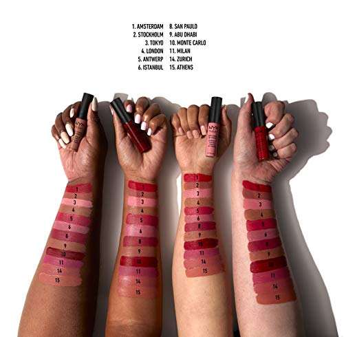 NYX Soft Matte Lip Cream tubes in assorted shades held above arms displaying numbered lipstick swatches