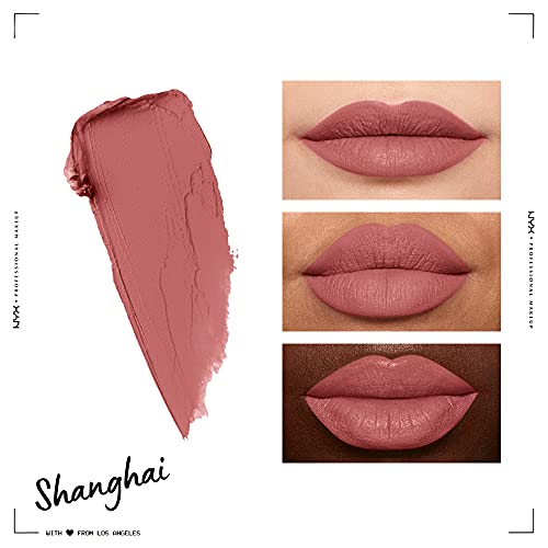 NYX Soft Matte Lip Cream in Shanghai, a dusty rose matte swatch alongside three close-ups of lips wearing the shade