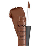 NYX Soft Matte Lip Cream in a warm brown shade, shown with its matching tube and doe-foot applicator.