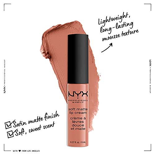 NYX Soft Matte Lip Cream in warm dusty rose with a black cap, shown beside a matching creamy swatch.