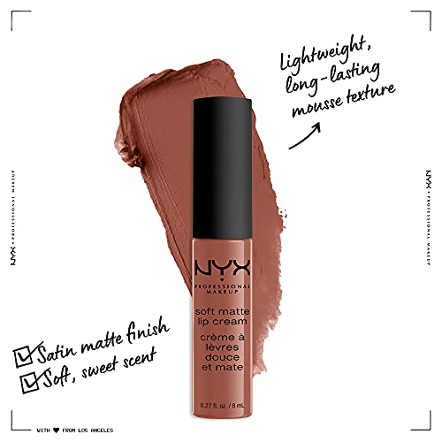 NYX Soft Matte Lip Cream in a warm rosy-brown shade, with a black cap and creamy matte swatch