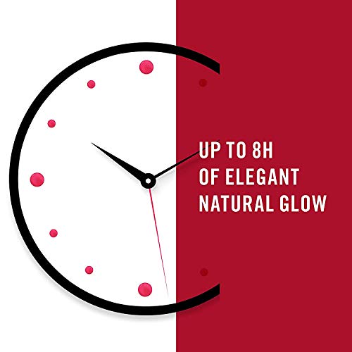 Rimmel London Lasting Finish Lipstick claim graphic with a black clock, red accents and text stating up to 8 hours of elegant natural glow