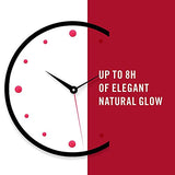 Rimmel London Lasting Finish Lipstick claim graphic with a black clock, red accents and text stating up to 8 hours of elegant natural glow