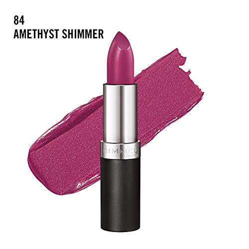 Rimmel London Lasting Finish Lipstick in deep amethyst shimmer, with a creamy magenta swatch and black-and-silver tube.