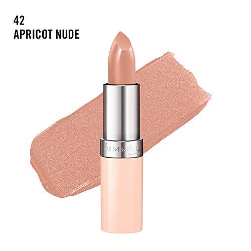 Rimmel London Lasting Finish Lipstick in apricot nude, with a creamy peach-beige bullet, silver tube and matching swatch