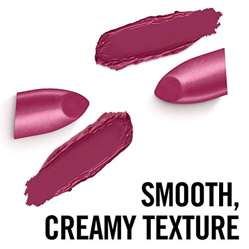 Rimmel London Lasting Finish Lipstick in rich berry-pink, with creamy smooth texture and matching lipstick swatches