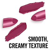 Rimmel London Lasting Finish Lipstick in rich berry-pink, with creamy smooth texture and matching lipstick swatches