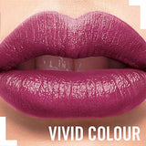 Rimmel London Lasting Finish Lipstick on lips, vivid deep berry-pink colour with a glossy, shimmering finish