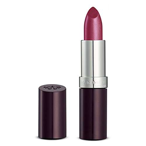 Rimmel London Lasting Finish Lipstick in deep berry pink with a subtle shimmer, shown in a silver tube with plum casing