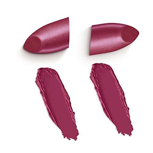 Rimmel London Lasting Finish Lipstick in berry plum with a pearly shimmer, shown as two lipstick tips and swatches