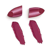 Rimmel London Lasting Finish Lipstick in berry plum with a pearly shimmer, shown as two lipstick tips and swatches