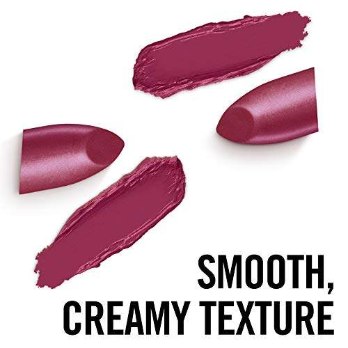 Rimmel London Lasting Finish Lipstick in a deep berry-rose shimmer, shown as two lipstick tips and creamy swatches