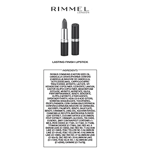 Rimmel London Lasting Finish Lipstick shown as black and silver tubes with a muted mauve shimmer bullet and ingredient label.