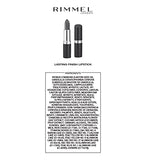 Rimmel London Lasting Finish Lipstick shown as black and silver tubes with a muted mauve shimmer bullet and ingredient label.