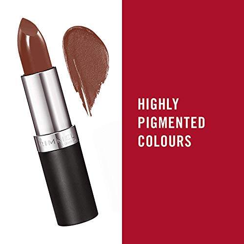 Rimmel London Lasting Finish Lipstick in brown Heather Shimmer with a metallic shimmer, shown with a swatch