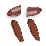Rimmel London Lasting Finish Lipstick in a warm brown shade with subtle shimmer, shown as a lipstick bullet and two swatches