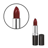 Rimmel London Lasting Finish Lipstick with a deep burgundy-red creamy bullet, silver collar and black tube and cap