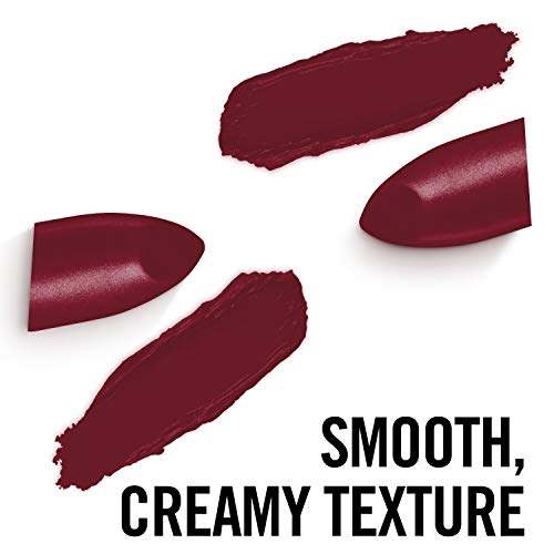 Rimmel London Lasting Finish Lipstick swatches in deep burgundy, showing a smooth, creamy texture with a subtle sheen