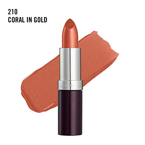 Rimmel London Lasting Finish Lipstick in coral with a shimmery creamy finish, shown beside a matching swatch