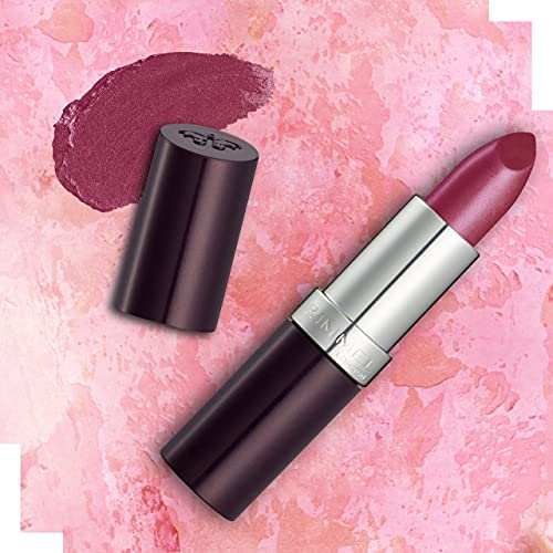 Rimmel London Lasting Finish Lipstick in deep berry pink, with a creamy shimmer finish and dark plum tube beside a swatch