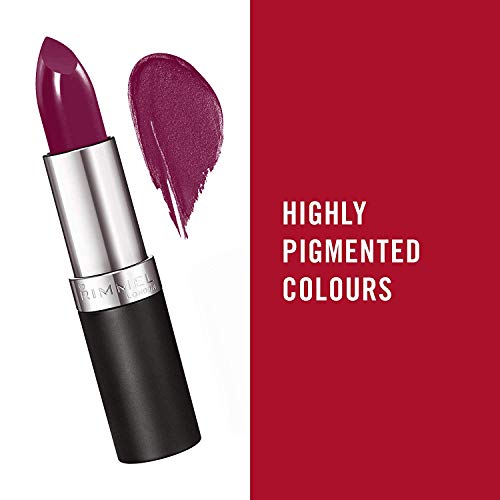 Rimmel London Lasting Finish Lipstick in deep berry plum, shown in a black and silver tube with a matching swatch