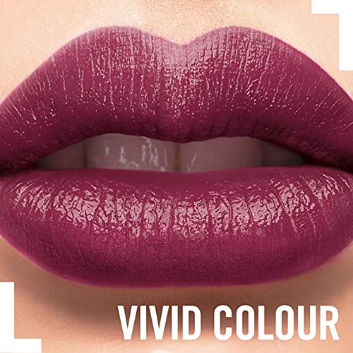 Rimmel London Lasting Finish Lipstick in deep berry plum, shown as a glossy, richly pigmented colour on lips