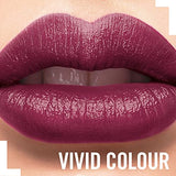 Rimmel London Lasting Finish Lipstick in deep berry plum, shown as a glossy, richly pigmented colour on lips
