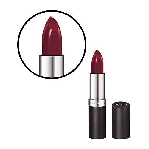 Rimmel London Lasting Finish Lipstick in deep berry red with a smooth, slightly shimmery bullet and silver and black tube