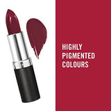 Rimmel London Lasting Finish Lipstick in deep berry red, with a creamy bullet, silver collar, black tube and matching swatch