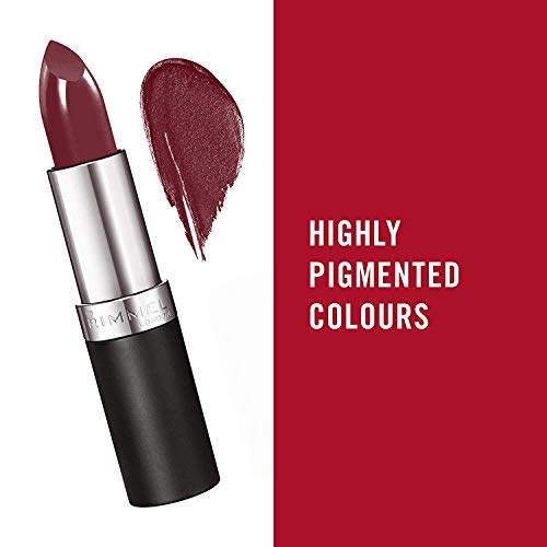Rimmel London Lasting Finish Lipstick in deep berry shimmer, shown in a black and silver tube beside a matching swatch