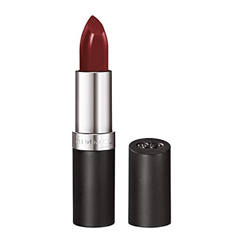 Rimmel London Lasting Finish Lipstick in deep burgundy with a creamy bullet, silver collar and black tube