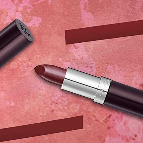 Rimmel London Lasting Finish Lipstick in a deep mauve shimmer shade, with a creamy bullet and silver band